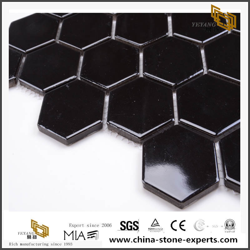 Polished Dark Black Tiles Ceramic Hexagon Mosaic 305X305Mm 