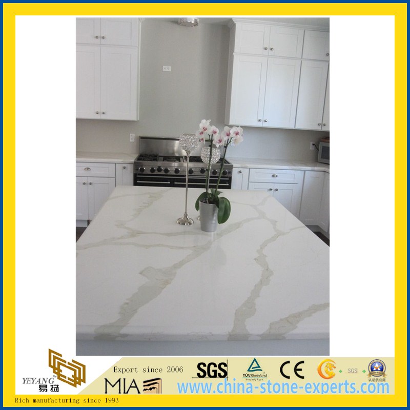 SGS Custom White Calacatta Artifical Quartz Stone Countertop for Kitchen, Island(YQW-QC8023)