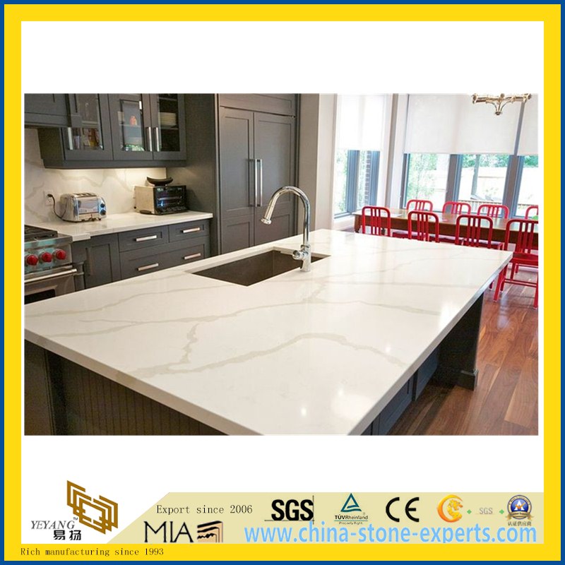 SGS Custom White Calacatta Artifical Quartz Stone Countertop for Kitchen, Island(YQW-QC8023)