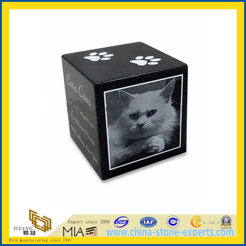 Black Granite Stone Cube Pet Cremation Urn with Engraved Photo (YQA)